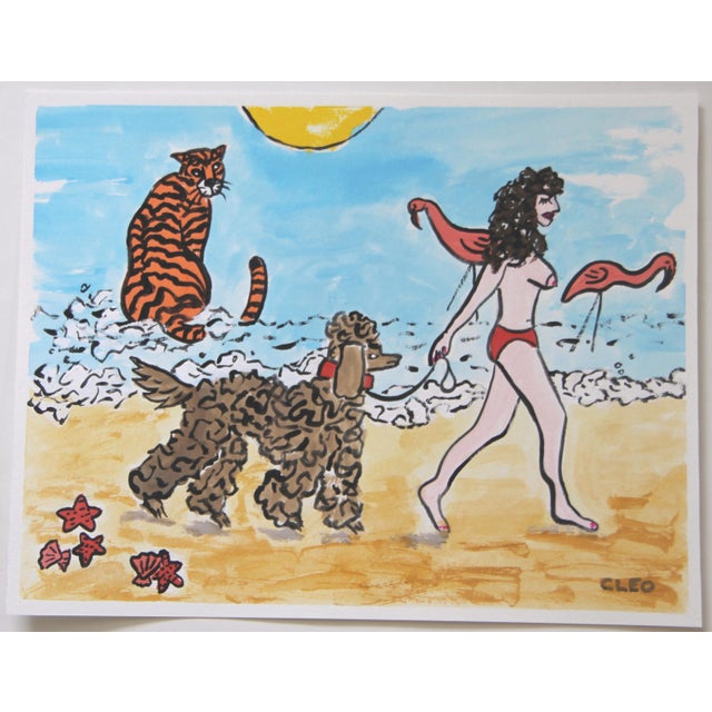 Fauvist impressionist nude a la Matisse, with a poodle dog at the beach with a tiger and lawn flamingos. Red, beige, sky...