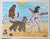 Fauvist impressionist nude a la Matisse, with a poodle dog at the beach with a tiger and lawn flamingos. Red, beige, sky...