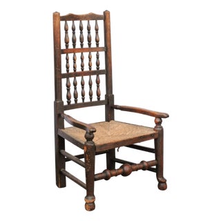 English 1780s Oak William and Mary Style Open Arm Youth Chair with Rush Seat For Sale