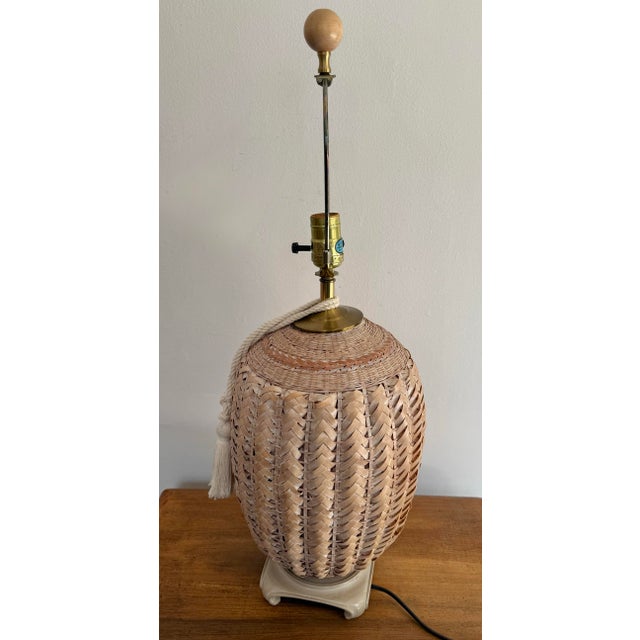 1980s Coastal Wicker Basket Lamp With Tassel For Sale - Image 6 of 9