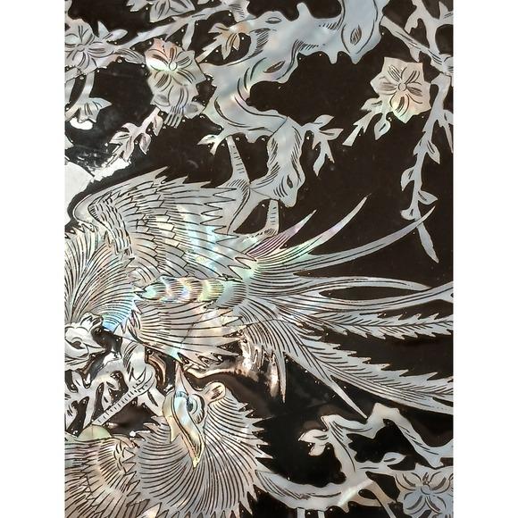 Wood Exotic Asian Mother of Pearl Inlay Lacquer Art Panel Peacock Phoenix Birds Black Silver For Sale - Image 7 of 14