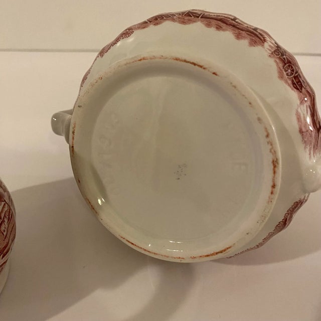 English 1950s Vintage Wood & Son Ceramic Swirled Country Scene Creamer & Covered Sugar Bowl For Sale - Image 3 of 7