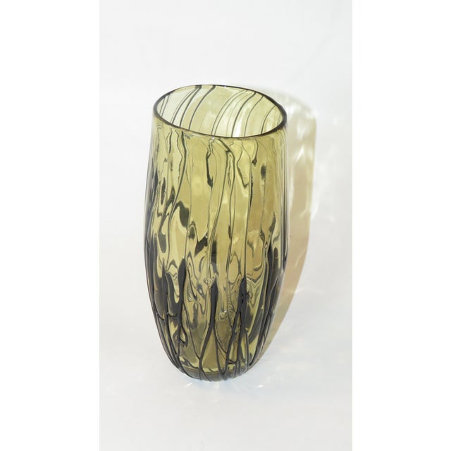 Modern Cys Excel Hand Blown Art Glass Striated Amber & Black Vase