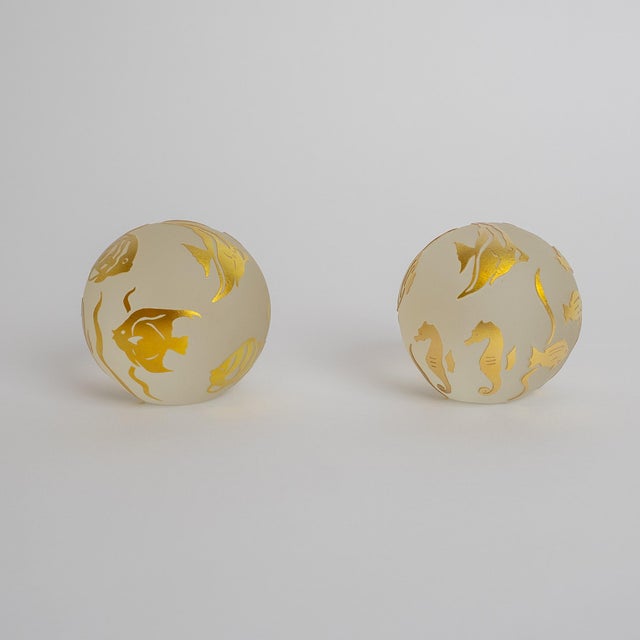 1960s Pair of Signed Mid-Century Modern Art Glass Paperweights – “Gold in the Sea” Design For Sale - Image 5 of 6
