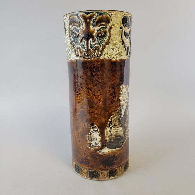 Japanese Meiji Japanese Brown-Glazed Brush Pot With Humorous Figural Scenes For Sale - Image 3 of 11
