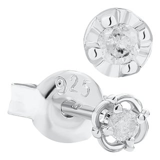 Small Natural Diamond Stud Earrings Bezel Set in 14k White Gold Plating - 2 Pieces For Sale