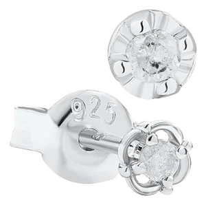 Small Natural Diamond Stud Earrings Bezel Set in 14k White Gold Plating - 2 Pieces
