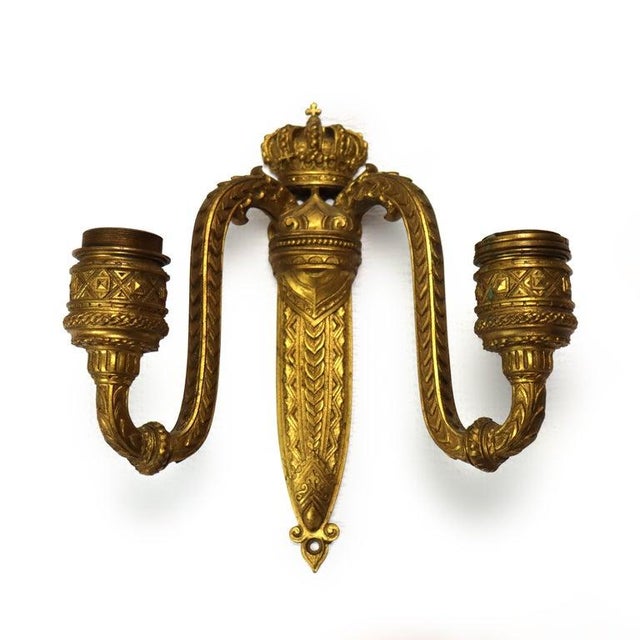 Pair of Antique French Gilt Bronze Dual-Candle Sconces With Royal Crown C1890 For Sale - Image 9 of 9
