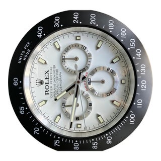 Vintage Black Silver and White Rolex Display Wall Clock For Sale