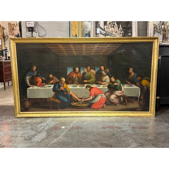 The product is a 19th-century Italian oil painting depicting the scene of Jesus washing the feet of his disciples. This...