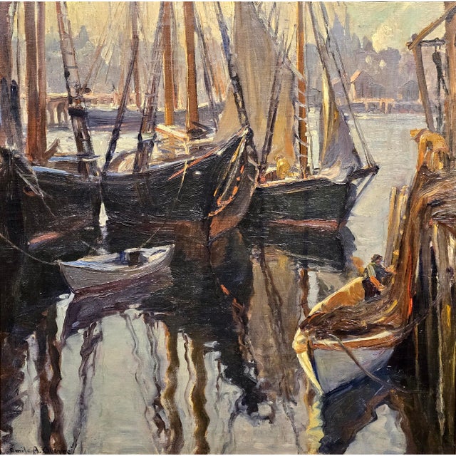 Émile Albert Gruppe–Boats in Gloucester Harbor at Sunset, C. 1930s–Oil on Canvas For Sale - Image 4 of 11