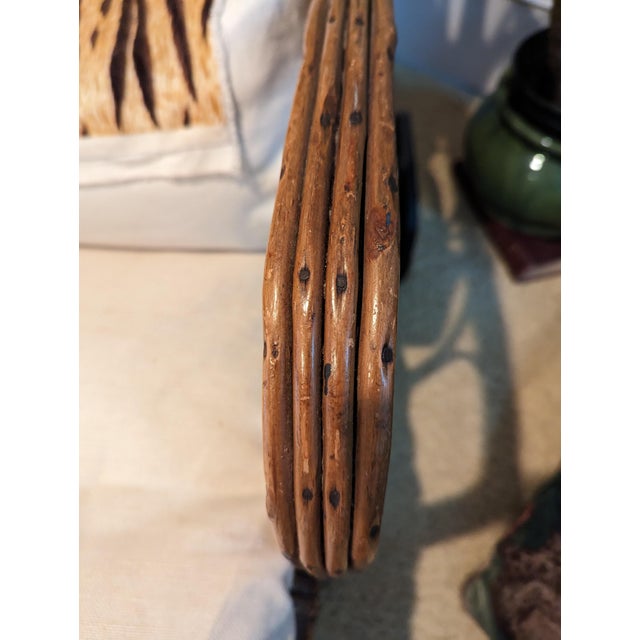 Chestnut 1930s Stick Wicker/Reed Chaise With 2 Wheels Cushion Included For Sale - Image 8 of 8