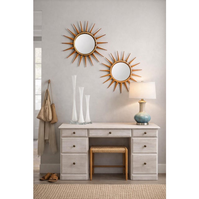 Mid-Century Modern Mid-Century Modern Style Wood Sunburst Wall Mirror With Orange Spindle Rays (24.5” Diameter) For Sale - Image 3 of 6