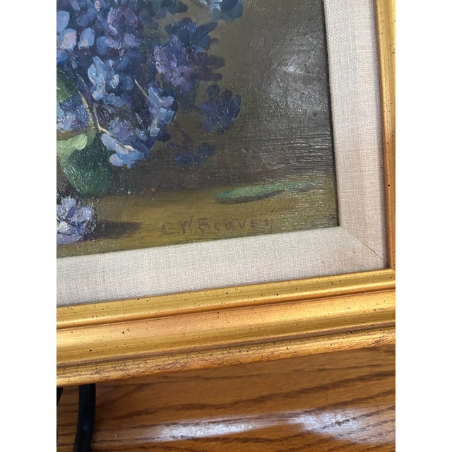 Original Still Life Oil Painting by American Artist George Washington(GW) Seavey (1841-1913) Purple flowers in gold/yellow...