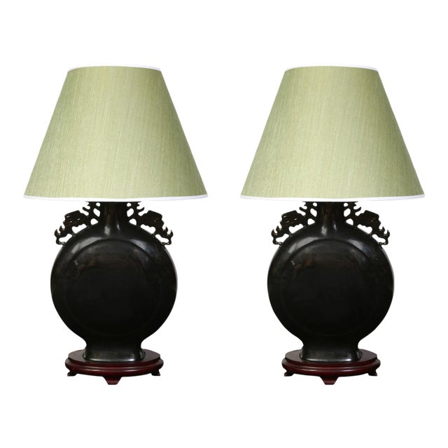 Pair Black Asian Lamps With Fretwork For Sale