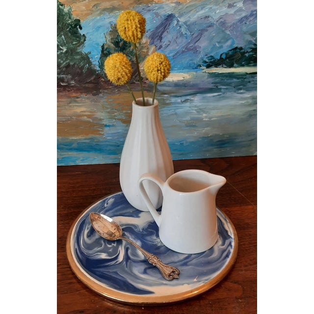 Contemporary Vintage Blue White Swirl Pottery Gold Rim Trivet For Sale - Image 3 of 8