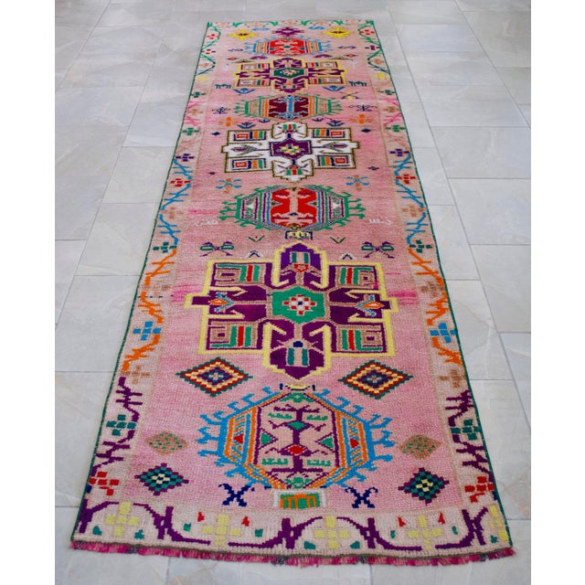 1970s Runner Rug Turkish Hand-Knotted Rug Pink Hallway Decor Kitchen Runner 3x10 Ft Approx For Sale - Image 16 of 18