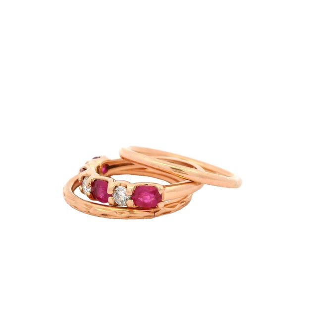 Contemporary EFFY 14K Rose Gold Ruby & Diamond Ring with Two Stackable Bands For Sale - Image 3 of 9