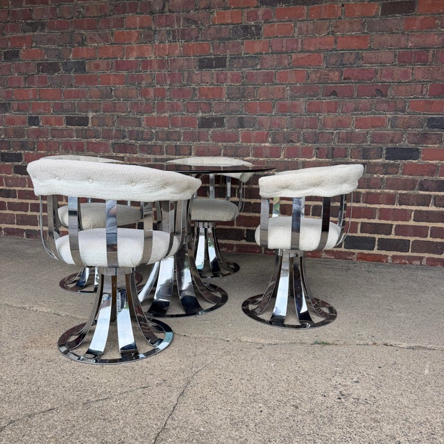 Vintage Russell Woodard Style Chrome Swivel Dining Set With Smoked Glass Top For Sale - Image 11 of 12
