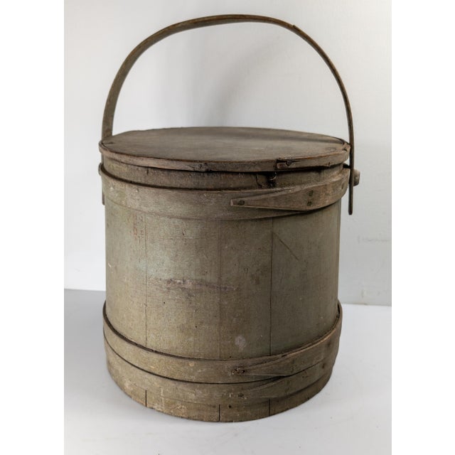 19th Century Rustic Primitive Farmhouse Grey Green Painted Firkin Bucket For Sale - Image 4 of 15