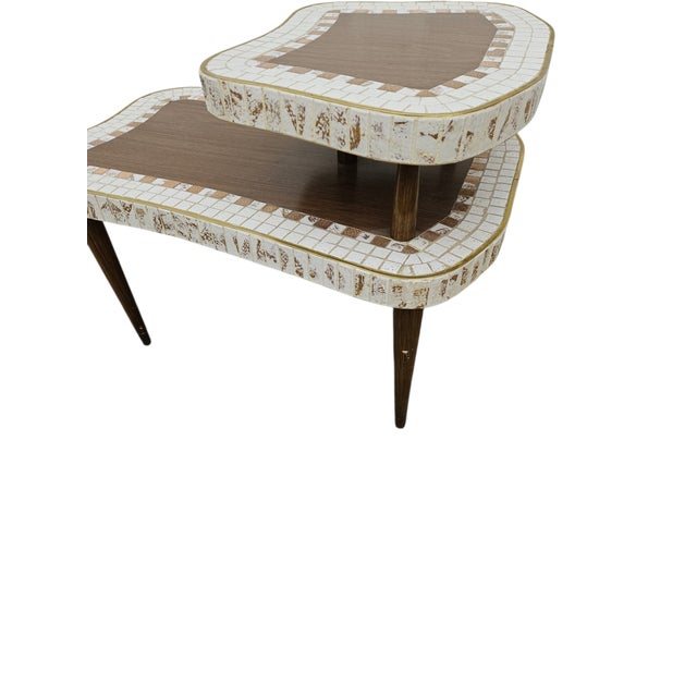 Mid-Century Modern 1950s Atomic Floating End Table Tile Top Mid Century Step Side Table Tiki For Sale - Image 3 of 13