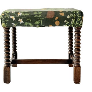 19th Century Rustic Farmhouse Bobbin Turned Ottoman with Upholstered Seat For Sale