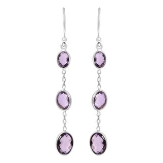 .925 Sterling Silver Checkerboard Cut Oval Purple Amethyst 2" Inch Drop and Dangle Earrings For Sale