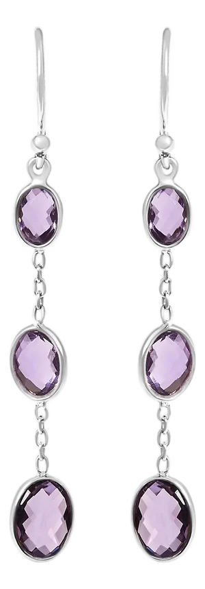 .925 Sterling Silver Checkerboard Cut Oval Purple Amethyst 2" Inch Drop and Dangle Earrings