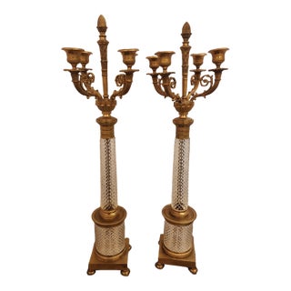 Pair of Early 20th Century Empire Style Bronze and Crystal Candelabra For Sale
