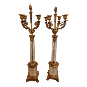 Pair of Early 20th Century Empire Style Bronze and Crystal Candelabra