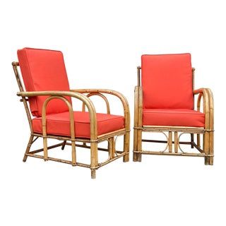 Mid-Century Boho Sculpted Rattan Club Chairs W/ Orange Cushions - a Pair For Sale
