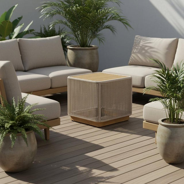 Modern Alpine Teak Collection Rope Design End Table - Beige For Sale - Image 3 of 8