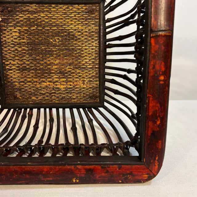 1970s Vintage Boho Chic Torched Bamboo and Reed Square Footed Bowl For Sale - Image 5 of 9