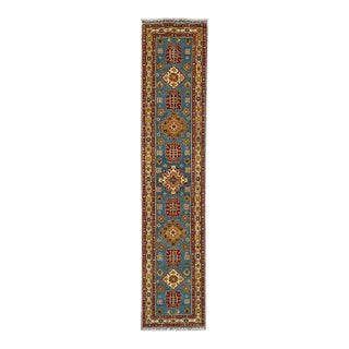 Blue and Burgundy Kazak Wool Runner Rug, Tribal Hallway Rug, 2'9" X 13'1" For Sale
