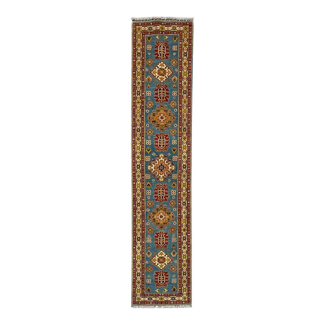 Blue and Burgundy Kazak Wool Runner Rug, Tribal Hallway Rug, 2'9" X 13'1" For Sale