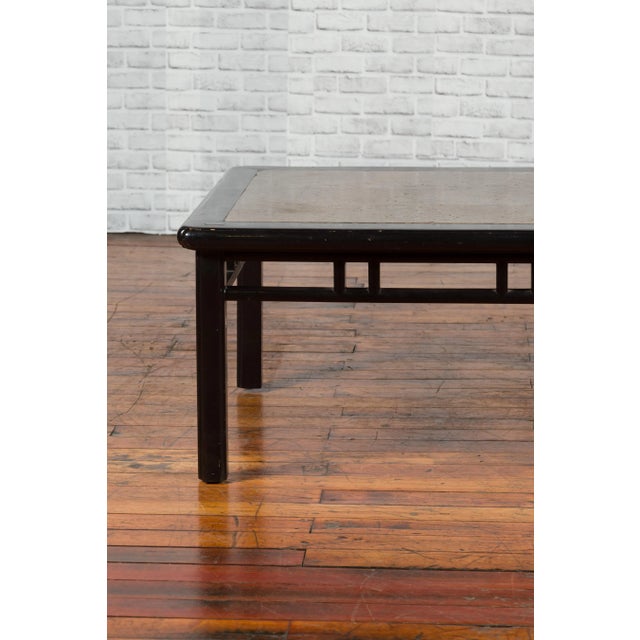 Wood Chinese Early 20th Century Black Lacquered Coffee Table with Stone Top Inset For Sale - Image 7 of 13