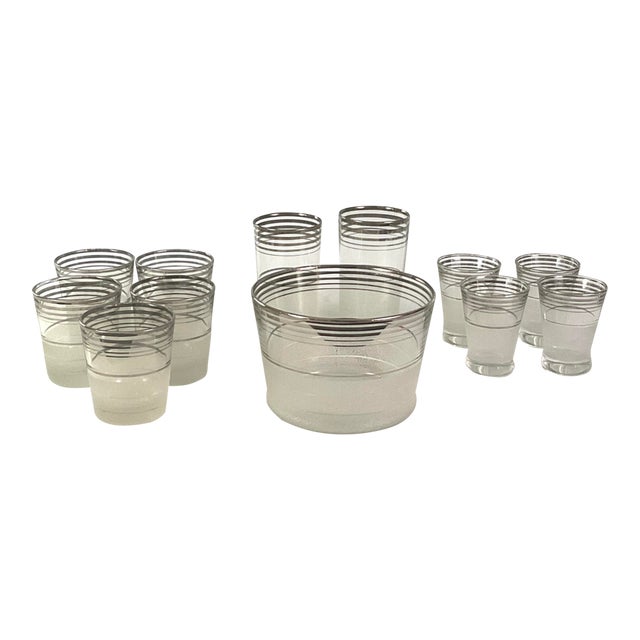 1960s Macbeth-Evans Glass Co,-Mid-Century Art Deco, Silver Banded, Textured and Frosted Ice Bucket and Assorted Glasses – 12 Pieces in All For Sale