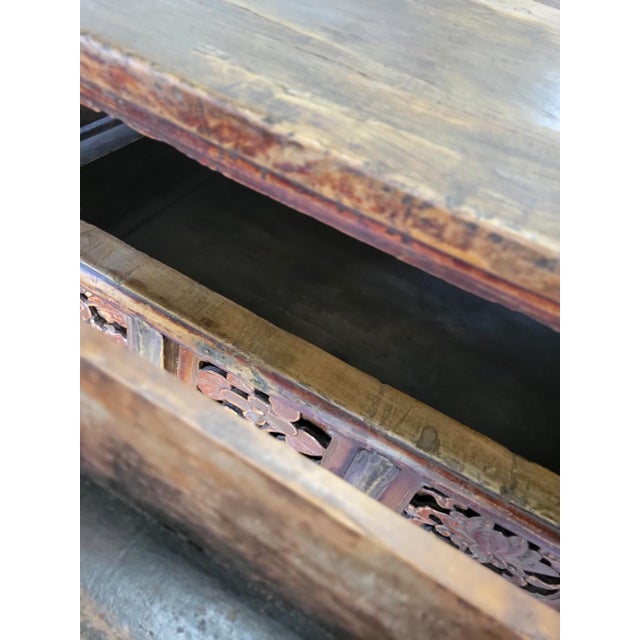 Antique Chinese Red Lacquer Console Table With Hand-Carved Floral Panels, Iron Lock & Collector’s Wax Seal – Qing Dynasty, 19th Century For Sale - Image 9 of 14