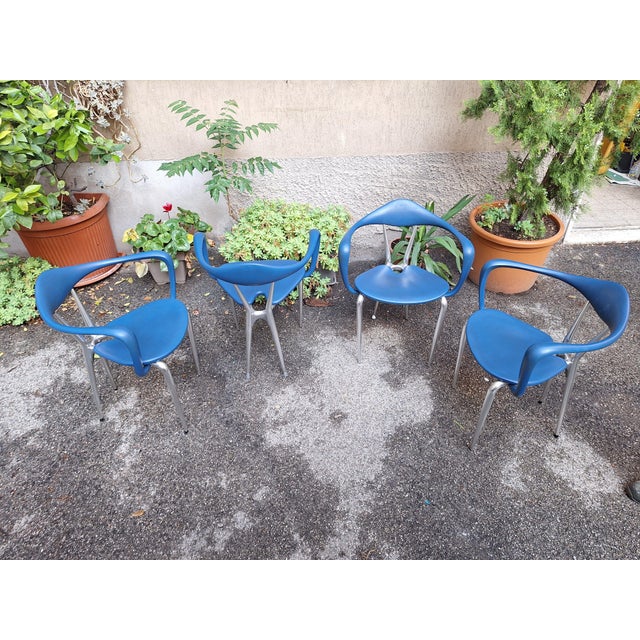 Vintage Armchairs in Aluminum and Blue Foam Material by Ferdinand Alexander Porsche for Ycami Edizioni, 1980s, Set of 4 For Sale - Image 13 of 13