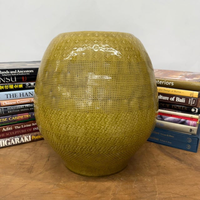 Rustic Mustard Yellow Ceramic Vase with Stars & Squares Design For Sale - Image 3 of 9