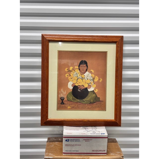 1990s A Seated Indigenous Figure Holding a Large Cluster of Yellow flowers.Artist: Héctor Decont (Mexican, 20th Century) For Sale - Image 5 of 11