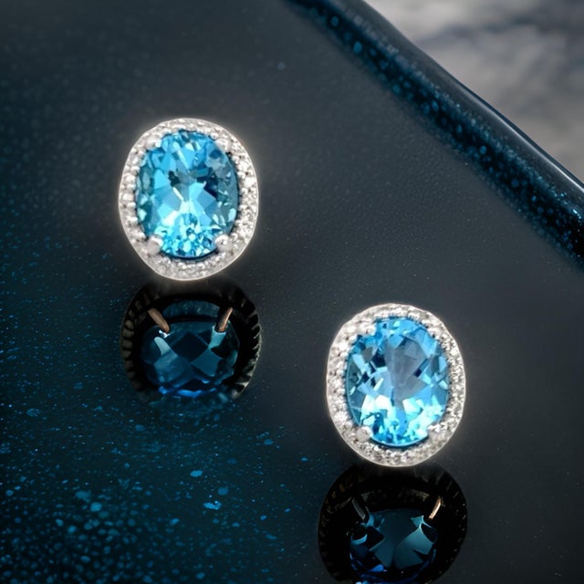 Metal Natural Topaz Diamond Stud Earrings 14k W Gold 6.98 TCW Certified For Sale - Image 7 of 17