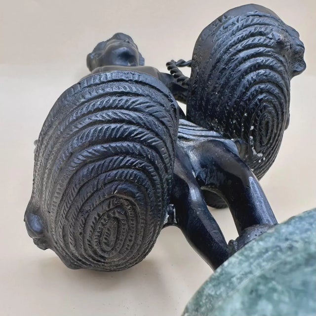 Vintage Bronze Child With Two Baskets on Green Marble in the Manner of Suzanne Bizard (Unsigned) For Sale - Image 9 of 10