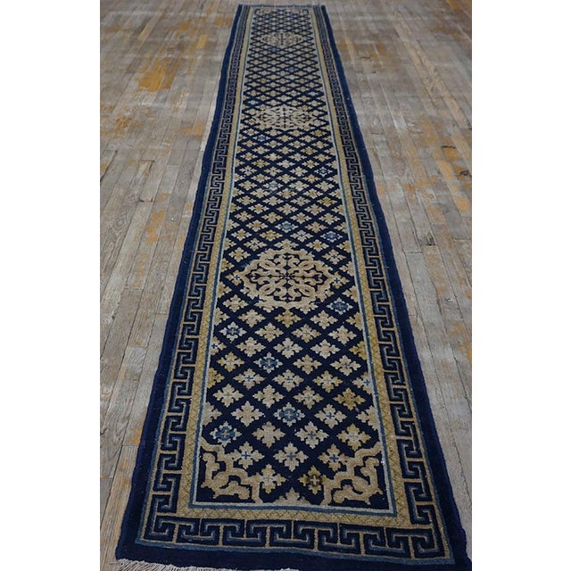 1800s Blue Navy Geometric Greek Key Antique Chinese Ningxia Hallway Runner Rug For Sale - Image 4 of 8