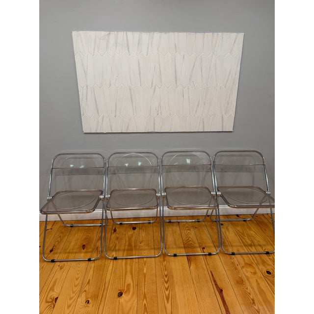 Metal Vintage Castelli Italy Chrome & Glass Dining Set – 4 Piretti Style Lucite Chairs For Sale - Image 7 of 11