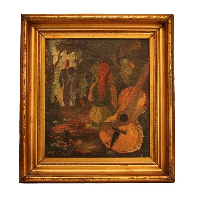 Unknown, Expressionist Figure with Guitar, 1900s-1910s, Oil on Panel, Framed For Sale - Image 10 of 10