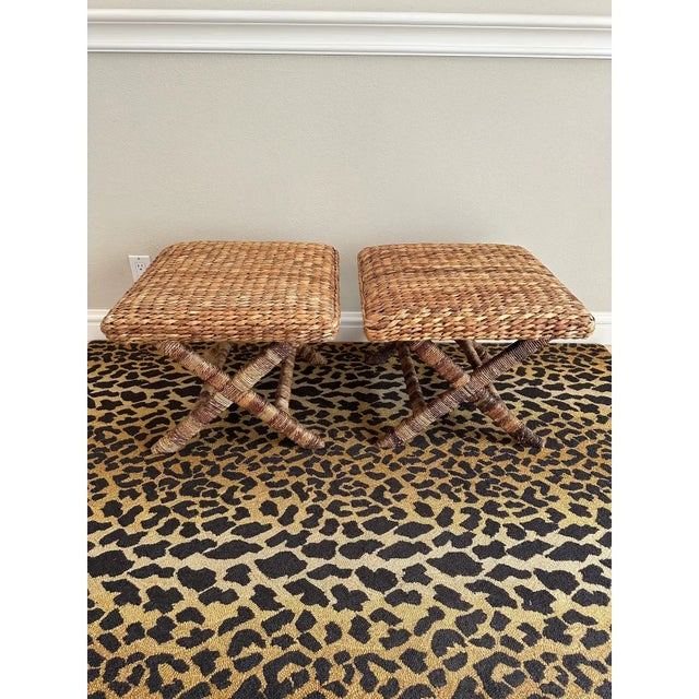 Vintage Rattan & Natural Seagrass Woven Over Wood X Benches - A Pair For Sale - Image 16 of 17