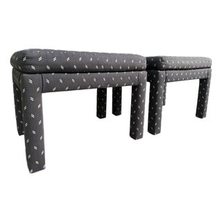 Vintage Parsons Style Black Upholstered Ottomans With Geometric Dash Fabric, a Pair For Sale
