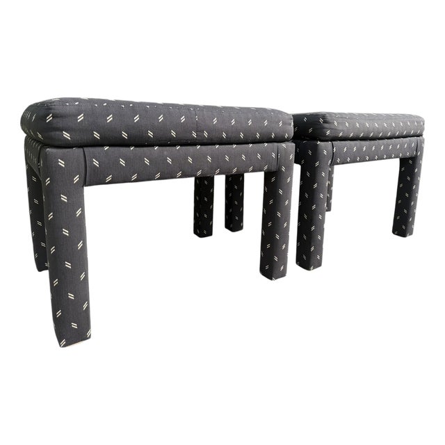 Vintage Parsons Style Black Upholstered Ottomans With Geometric Dash Fabric, a Pair For Sale