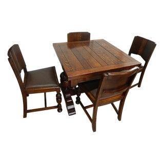 Extendable Refectory Table and Chairs in Oak, 1920s, Set of 5 For Sale